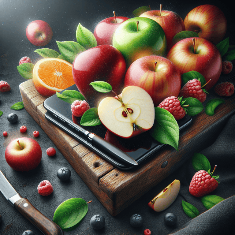 Assortiment de pommes, fruits rouges et agrumes sur une planche en bois.